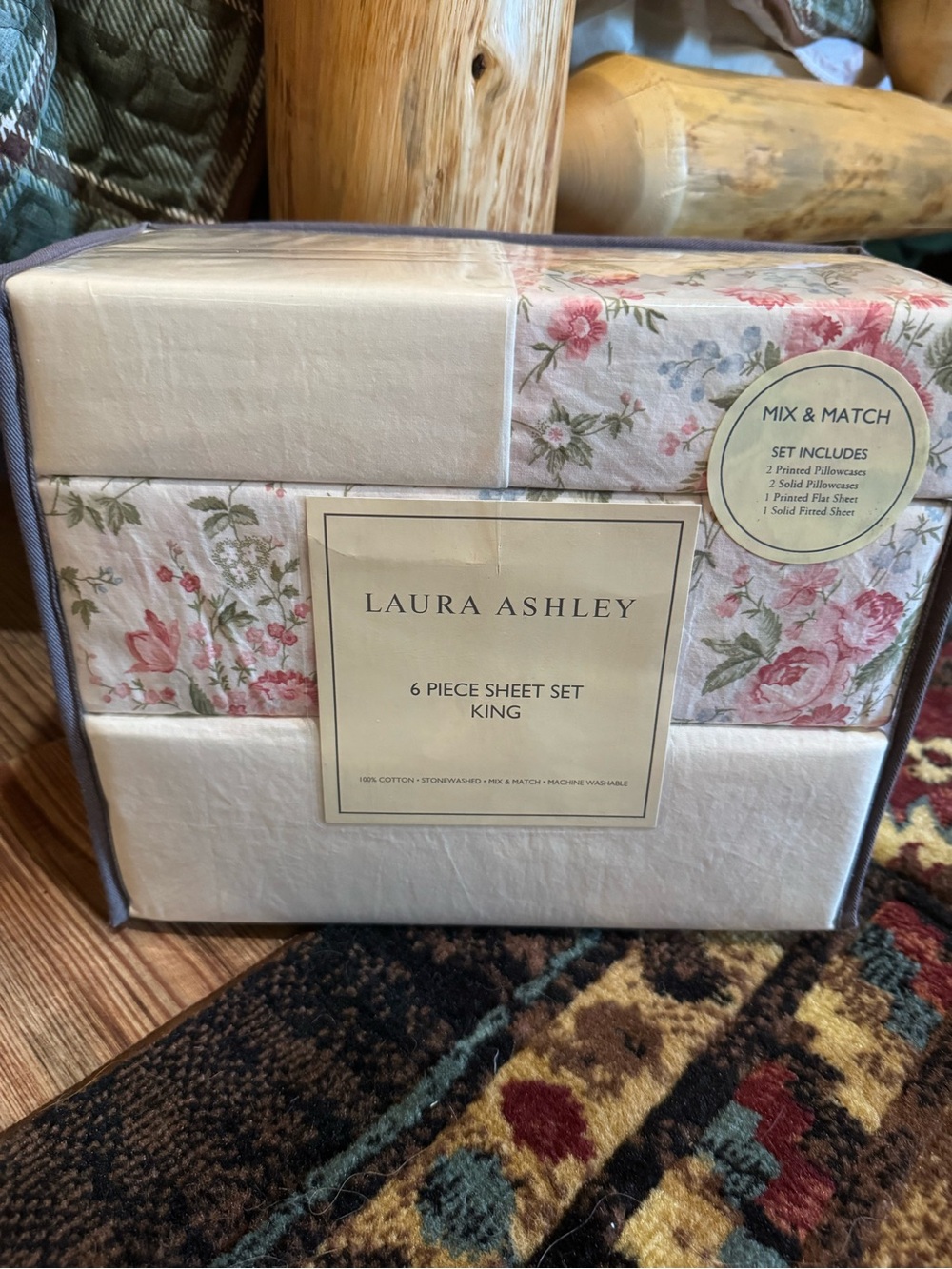 Laura Ashley Pink Floral and Cream King Sheet Set - 6 Piece